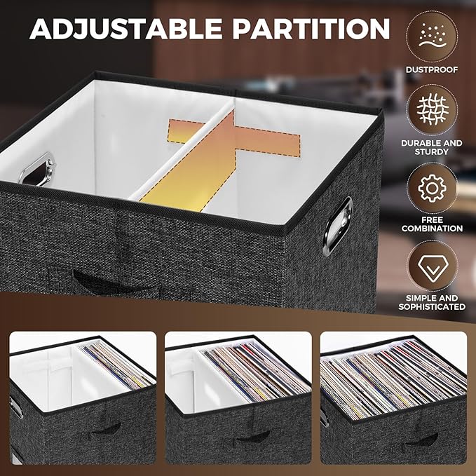Sturdy Vinyl Record Storage Box - Album Storage Holds up 50+ Single Record, LP Storage Organizer Crate With Lid, Decorative Moving Box For Records, Solutions to Protect Your Precious Collection Black