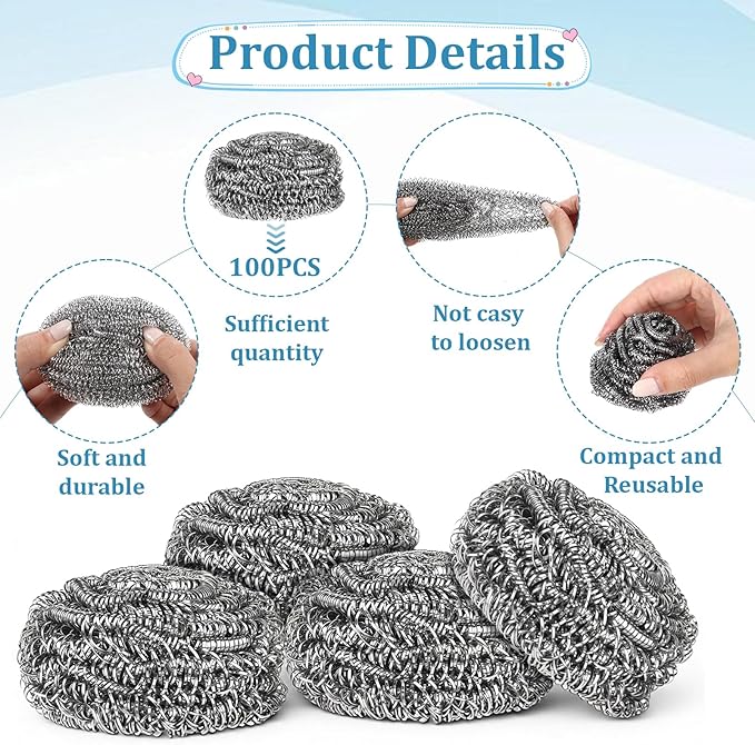 SHENLIU 100 Pieces Steel Wool Scrubber, 15 Gram Metal Scourers Stainless Steel Scrubber Bulk for Cleaning Kitchen Bathroom Household and More