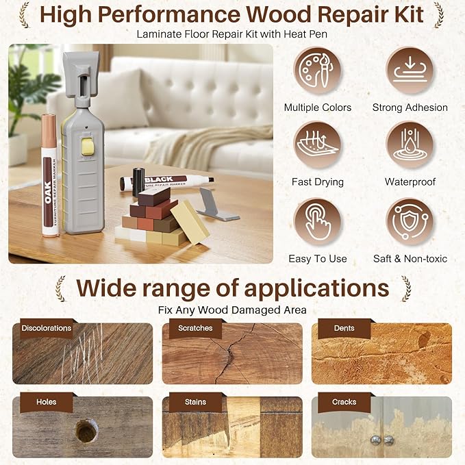 Floor Repair Kit with Heat Pen - 11 Colors Wax Blocks for Quick Wax Melting, Professional Vinyl Laminate Floor Repair Kit, to Restore Scratches, Stains, Cracks, Holes on Floors, Doors, Cabinet