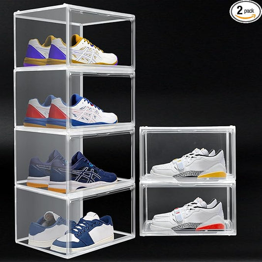 2 Pack Plastic Shoe Storage Boxes Fit US Size 13, Clear Stackable Shoe Display Case with Magnetic Acrylic Door, Shoe Containers for Sneaker Storage, Hats, Figure, Collectible
