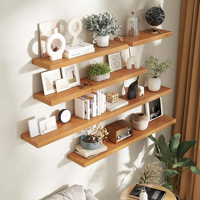 24 Inch Floating Shelves for Wall, 9.3" Deep USA-Sourced Solid Wood Wall Shelves with Heavy Duty Invisible Bracket, Nursery Storage Display Shelf for Living Room, Kitchem, Bedroom, Set of 2, Natural