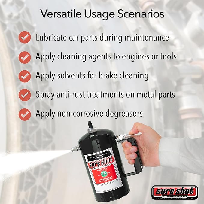 SURE SHOT A1002 1-Quart Non Aerosol Sprayer - Refillable Pressurized Sprayer Can for Oil, Solvent, Degreasers, Lubricants - Rechargeable Steel Canister with Adjustable Nozzles - Made in the USA - 32oz