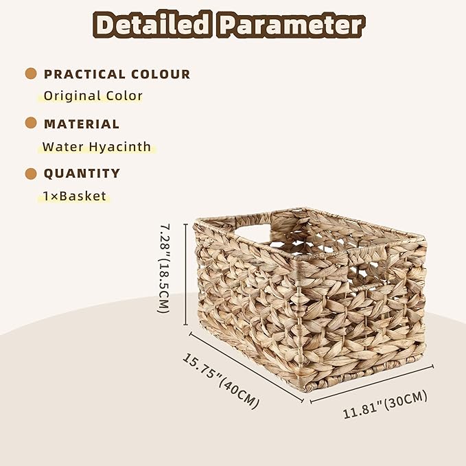 Rectangular Water Hyacinth Storage Basket — Wicker Basket for Organizing with Handle, Decorative Rattan Basket for Bathroom, Bedroom, Shelves & Living Room (Large)