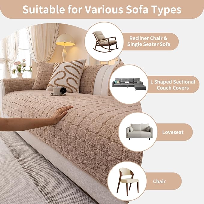 Velvet Sofa Covers Washable, Plush Warm Couch Cover for Sectional Sofa, Funny Fuzzy Couch Covers for Pets&Kids, Non-Slip Sectional Sofa Cover(1PC, Khaki, 35.4"×82.7", Large Sectional)