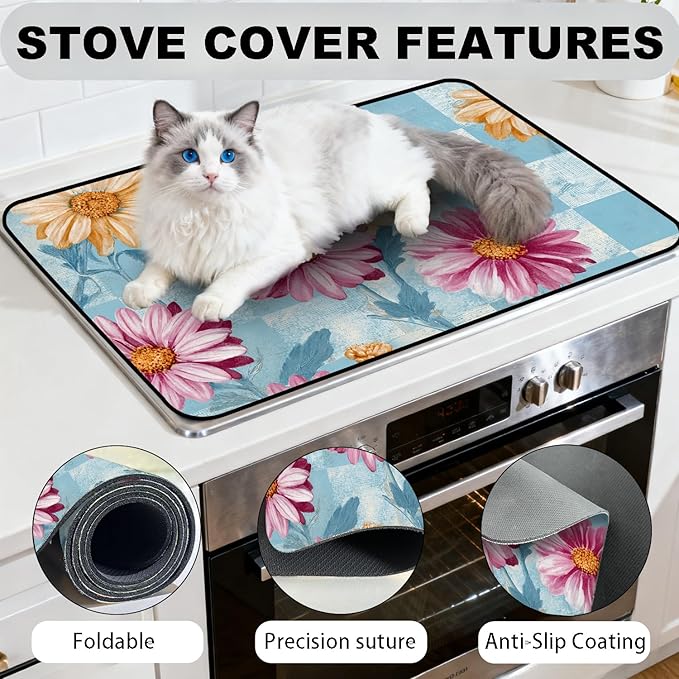 Glass Stove Top Covers for Electric Stove, Heat Resistant Counter Protector Mat, Non Slip Waterproof Surface Cover for Kitchen Counter and Cooktop (Vintage Daisy Patchwork, 28"L x 20"W)