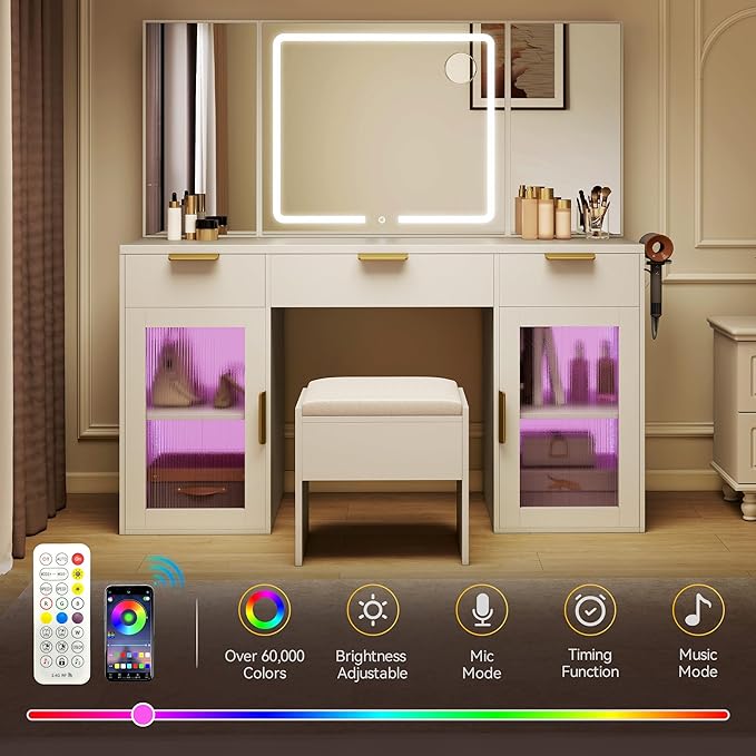 DWVO 56" Vanity Table Set with Tri-Fold Mirror & LED Lights, Makeup Vanity Desk with RGB Glass Cabinets, Storage Drawers, Shelves, Built-in Power Strip, Cushioned Stool for Dressing Room, White