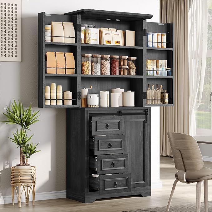 DWVO 71" Kitchen Pantry Storage Cabinet with Barn Doors, Tall Kitchen Cabinets with 4 Drawers and Adjustable Shelves, Versatile Storage for Living Room, Dining Room or Hallway, Grey Rustic Oak