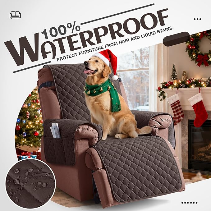 KinCam 100% Waterproof Recliner Chair Cover, Reclining Couch Covers for Pets, Dogs, Recliner Couch Slipcover Furniture Protector with Elastic Straps for Kids(28", Chocolate)