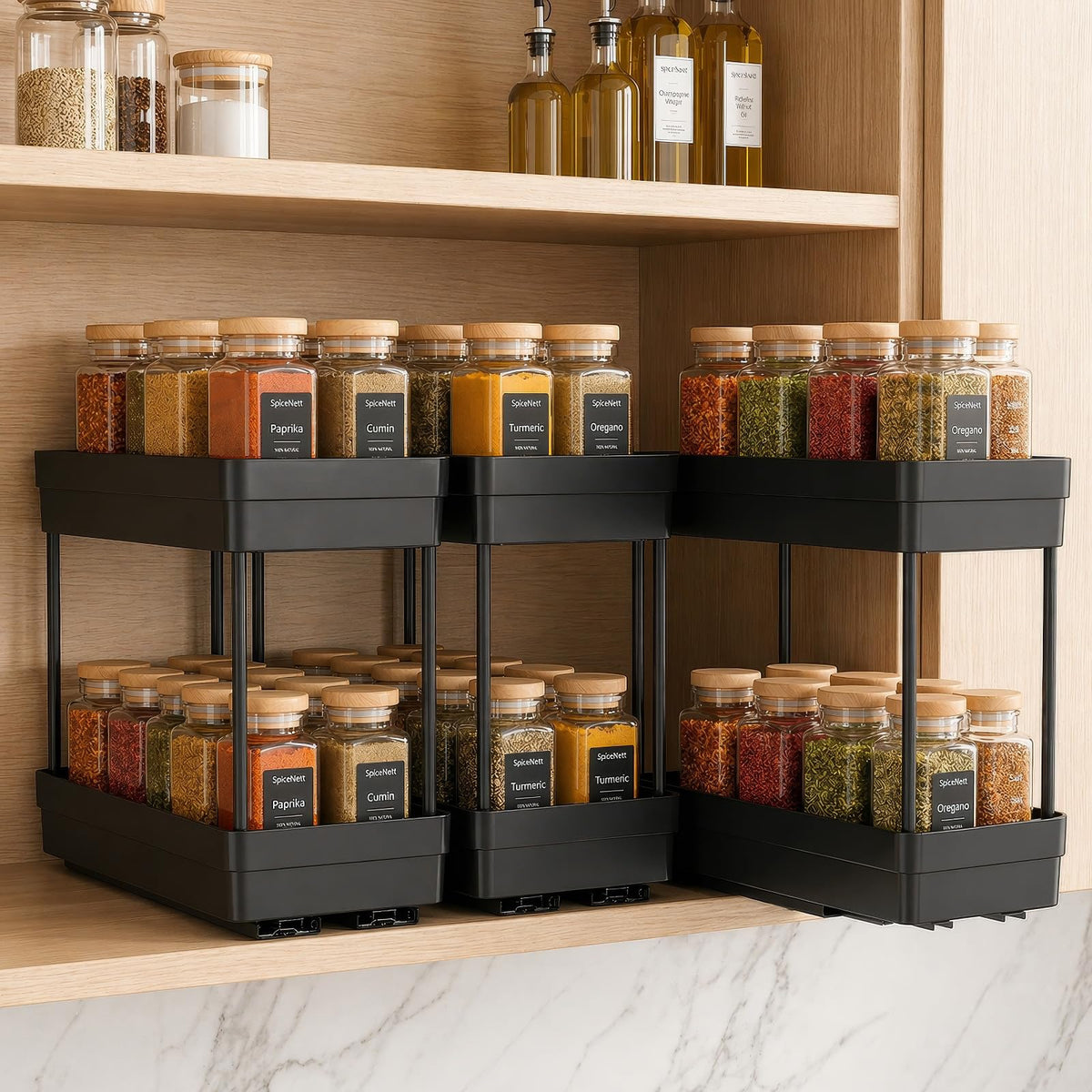 Pull Out Spice Rack, 3 Pack 2-Tier Cabinet Organizer, Black - Image 1