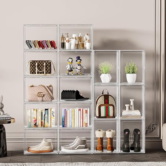 5 Pack Stackable Storage Bins with Lids, White Plastic Storage Container with Clear Lids, Clear Display Case with Magnetic Door for Purse, Handbag, Figure, Collectibles, Doll, Bag, 14.2"x8.66x10.6"