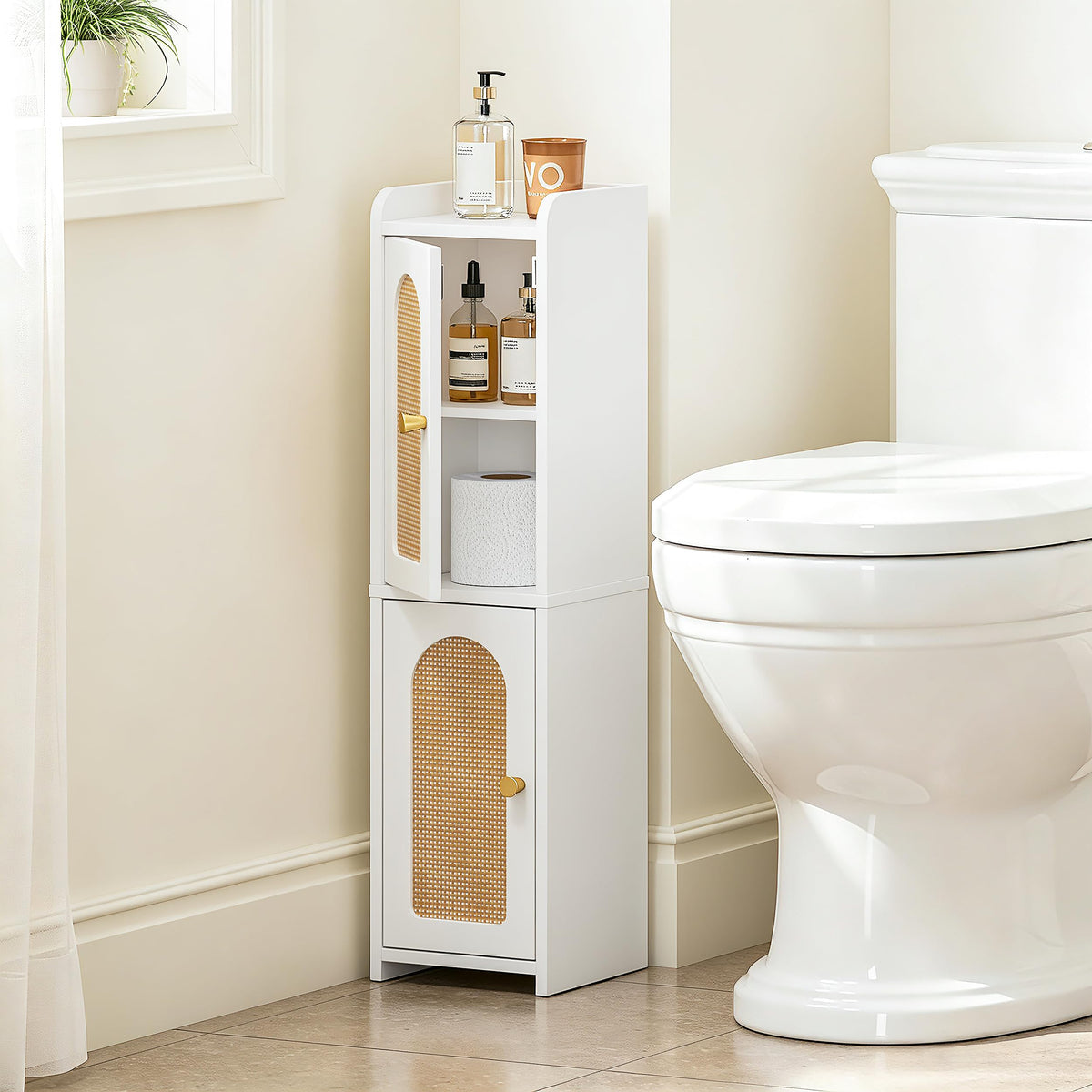 Spirich Slim Bathroom Storage Cabinet, Arched Rattan-Style Doors - Image 1