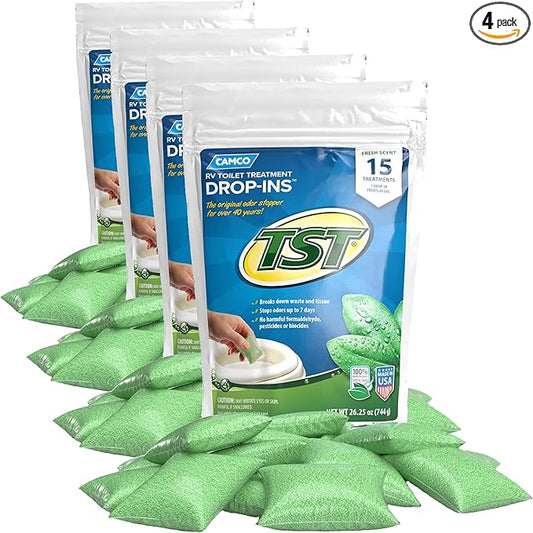 Camco TST RV Toilet Treatment Drop-INs - Control Unwanted Odors and Break Down Waste and Tissue - Septic Tank Safe - Fresh Scent (40264) 15 Count (Pack of 4)