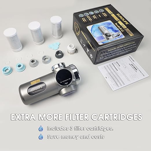 Combo Eurolife Faucet Mount Water Filter EL-LS-A15, LED Sink Water Filter with UV Light and Real Time Filter Life Indicator, Carbon Filter 8 Level fine Filtration, Extra More 2 Carbon Filter Included