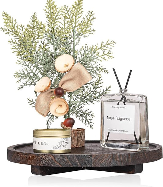 Round Decorative Tray Wood Bathroom Counter Organizer Farmhouse Kitchen Decor Wooden Riser for Soap Dish, Perfume, Candle, Sponge, 10" - Dark Brown