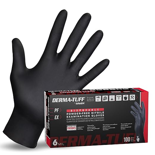 Derma-Tuff Powder Free Nitrile Disposable Gloves | 6 Mil - Med 120 Ct | Latex Free, Chemical + Puncture Resistant, Fully Textured Grip, Beaded Cuff, for Automotive, Maintenance, Industrial | 66582
