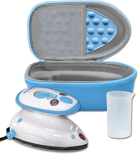 The Quilted Bear Premium Mini Steam Iron - Lightweight Mini Travel Iron for Effortless Quilting & Wrinkle-Free Clothes with Carry Case & Iron Rest Set - Travel Steamer for Clothes & Crafts (Blue)