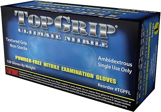 TopGrip Nitrile Exam Gloves, 6 Mil, Disposable, Powder Free, Textured, Case/1000, Large