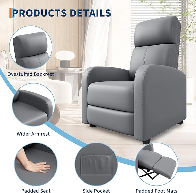 Garvee Recliner Chair for Adults, PU Leather Lazy Recliner Ergonomic Adjustable Single Sofa Enhanced with Side Pocket, Tall Back, Wide Arms & Padded Seat, Home Theater Seating for Living Room