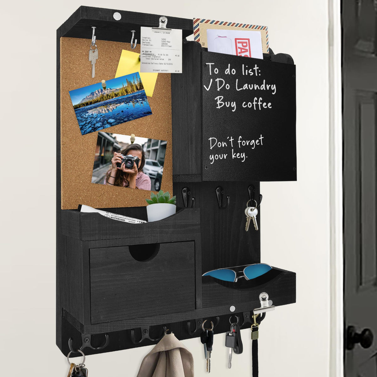 Key Holder Wall Mount with Drawer and Mail Organizer, Black - Image 1