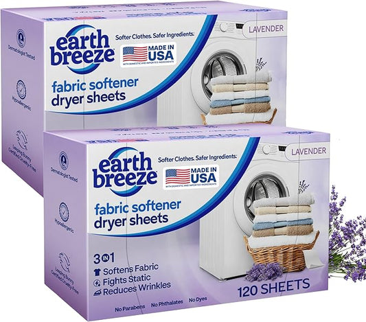 Earth Breeze Fabric Softener Dryer Sheets – Lavender, Hypoallergenic, No Harsh Chemicals, Safe Ingredients – Soft Clothes – Static Cling & Wrinkle Reducer – Gentle Fabric Care – Made in USA (2 Pack)