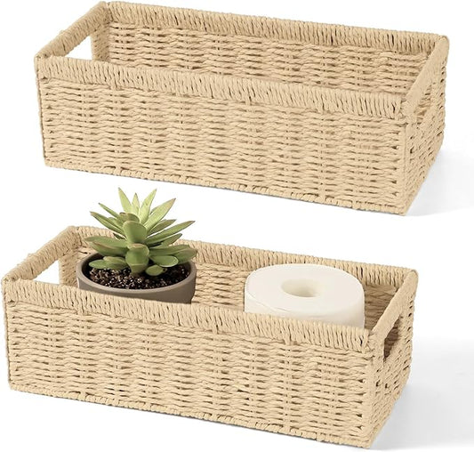2 Pack Paper Rope Wicker Baskets with Handles, Storage Wicke Baskets for Shelves Organizing, Natural Color Toilet Basket Tank Topper, Small Woven Baskets for Storage, 14.17x6.1x4.72in
