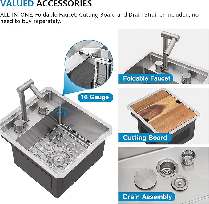13"x15" Undermount RV Kitchen Sink – 16 Gauge 304 Stainless Steel Under Counter Single Bowl Sink Basin with Foldable Faucet for RV, Camper, Mobile Home, Wet Bar, Outdoor Kitchen