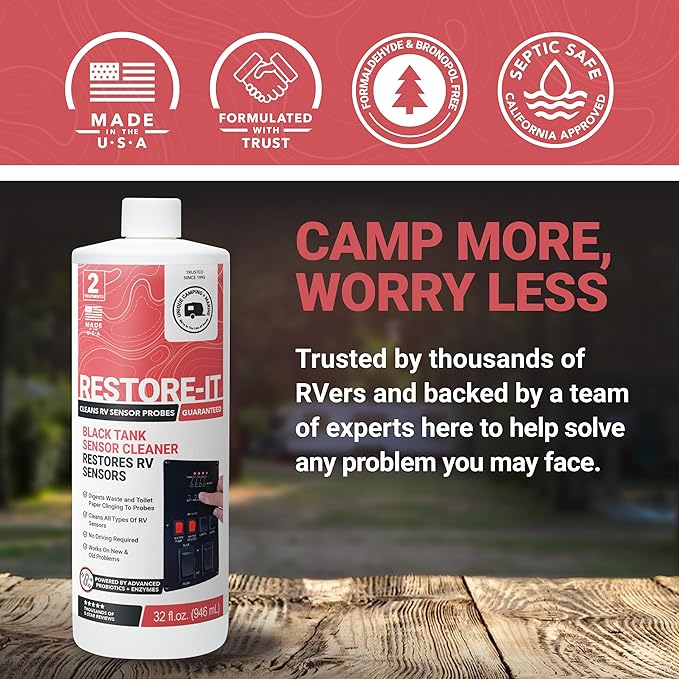 Unique Restore-It RV Sensor Cleaner Liquid - Cleans and Restores Misreading Sensor Probes by Removing Stuck-On Waste in Black Tanks - 2 Treatments Per Bottle (32 oz) Packaging May Vary