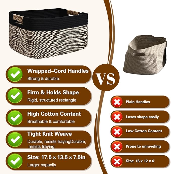 4 Pack Large Storage Basket for Organizing, 17.5"x13"x7" Woven Basket for Shelves, Closet Cube Storage Bins with Wrapped Handle, Cotton Rope Baskets for Kitchen, Clothes, Toys(Black & Brown)
