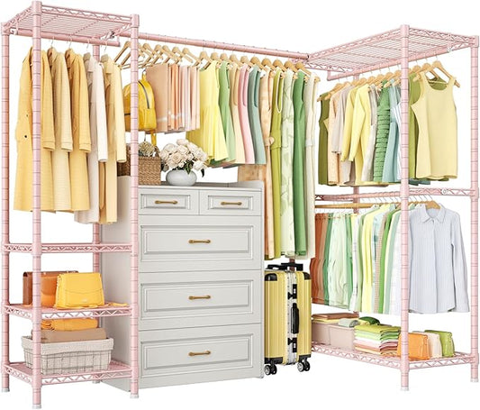 E10L L-Shaped Clothes Rack for Corner（With Expandable Hanger Rod）Heavy Duty Freestanding Clothing Racks for Hanging Clothes，Portable Garment Rack 58-82"W x 30"D x 72"H，Max Load 900LBS, Pink