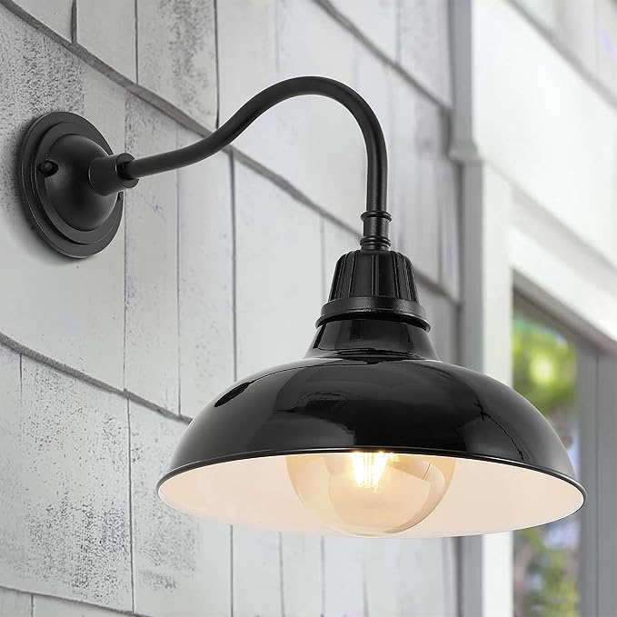 JONATHAN Y JYL7613B Aurora 12.25" 1-Light Farmhouse Industrial Indoor/Outdoor Iron LED Gooseneck Arm Outdoor Sconce Metal Bowl Shade Vintage Cottage Rustic Porch Patio Yard Barn, Black