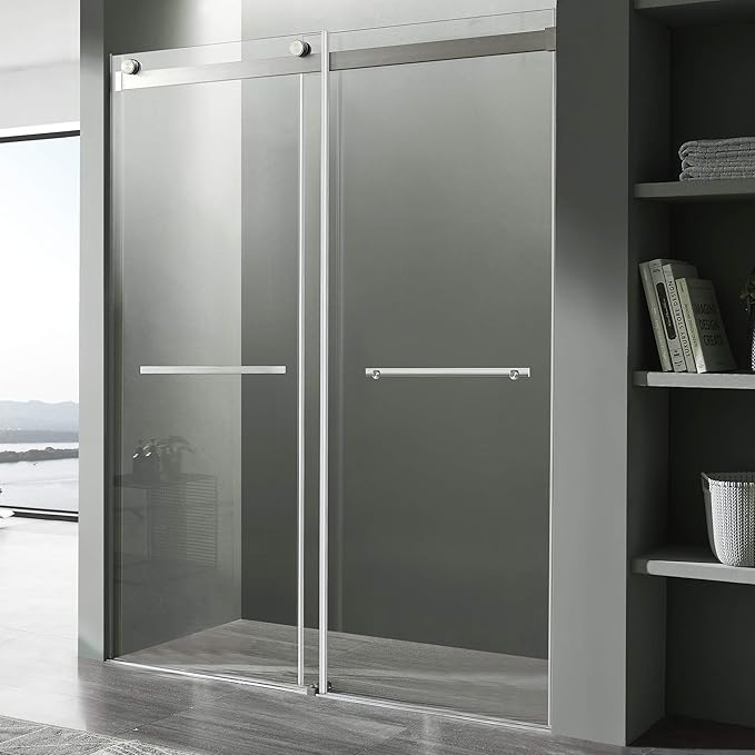ANZZI 76 x 48 inch Frameless Shower Door in Brushed Nickel, Kahn Water Repellent Glass Shower Door with Seal Strip Parts and Handle, Easy Glide Rollers Sliding Shower Door, SD-FRLS05801BN