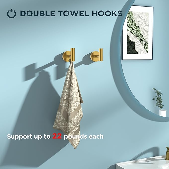 FORIOUS 4 Piece Bathroom Accessories, SUS304 Stainless Steel Toilet Paper Holder, Towel Ring and 2 Towel Hooks, Wall Mounted Bathroom Hardware Set (Dark Gold,Double Post Pivoting)