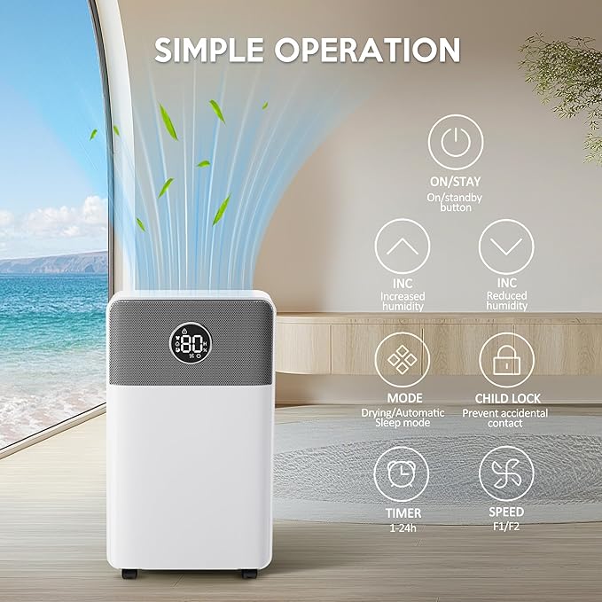 2500 Sq.Ft Dehumidifiers with Drain Hose, Max 42 Pints, Intelligent Humidity Control, 24H Timer, 3 Modes, Child Lock, Auto Defrost, Ideal for RV, Bathroom, Bedroom