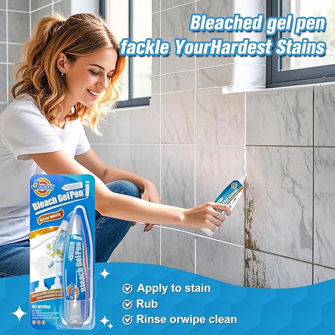 Dual-Tip Bleach Pen for White Clothes & Grout - 2-in-1 Portable Stain Remover & Bleach Gel Pen with Brush Head, Non-Drip Instant Cleaner for Travel, Bathroom Lines & DIY Design (1.76 Fl Oz, Lemon)