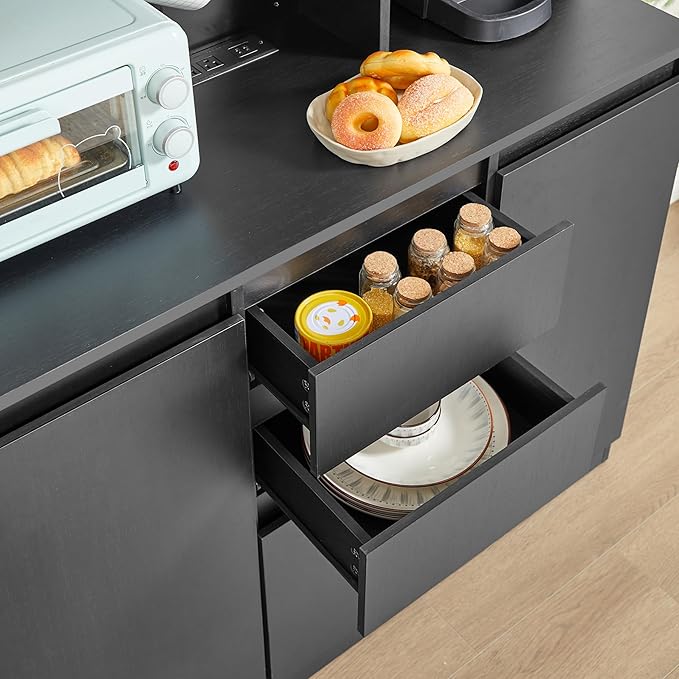 Tatub 74” Pantry Cabinet with Power Outlet, Kitchen Hutch with Storage & Microwave Shelf, Black Kitchen Pantry Storage Cabinet with LED Light Strip