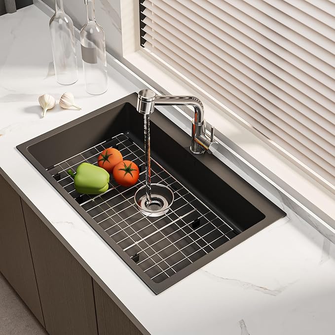 Stainless Steel Sink Protector 26-1/8" x 14-1/8" with Rear Drain, Metal Sink Rack for Bottom of Sink, Kitchen Sink Grate and Sink Protectors with Sink Strainer (26-1/8" x 14-1/8" - Rear Drain)