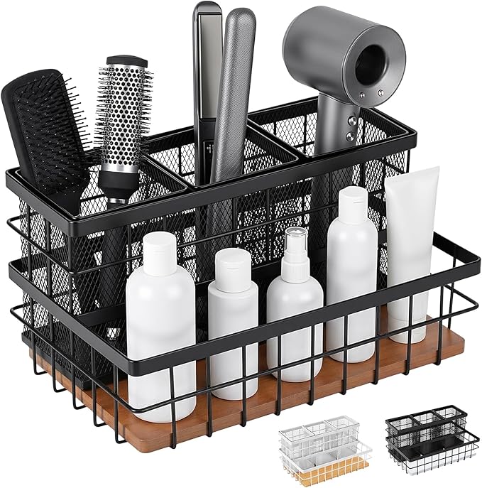 1 Pcs 1pcs Hair Tool Organizer Countertop Breathable Metal Bamboo Hot Tools Vanity Organizer Under Sink Bathroom Hair Dryer Holder Countertop Brush Comb Holder Tray (Koa Wood,Black)