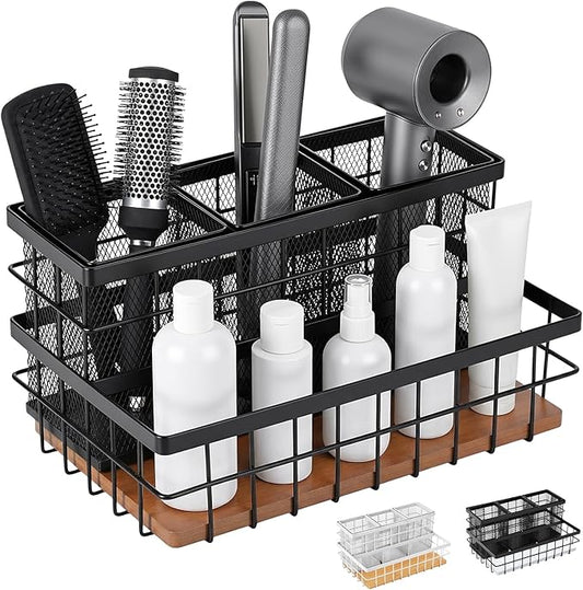 1 Pcs 1pcs Hair Tool Organizer Countertop Breathable Metal Bamboo Hot Tools Vanity Organizer Under Sink Bathroom Hair Dryer Holder Countertop Brush Comb Holder Tray (Koa Wood,Black)