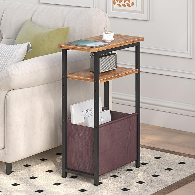 Narrow Side Table Set of 2, Skinny End Tables with Fabric Basket, Small Side Tables for Small Space,2-Tier Open Shelves with Basket, Slim Nightstands Set 2 for Bedroom,Livinroom, Rustic Brown