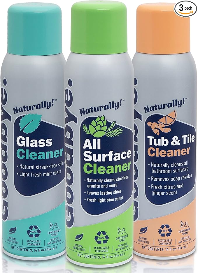 Goodbye Naturally Glass Cleaner, All Surface Cleaner, and Tub and Tile Bathroom Cleaner, Safe and Effective All Natural Cleaning Products, 14 oz Continuous Spray Cans, 3 Pack