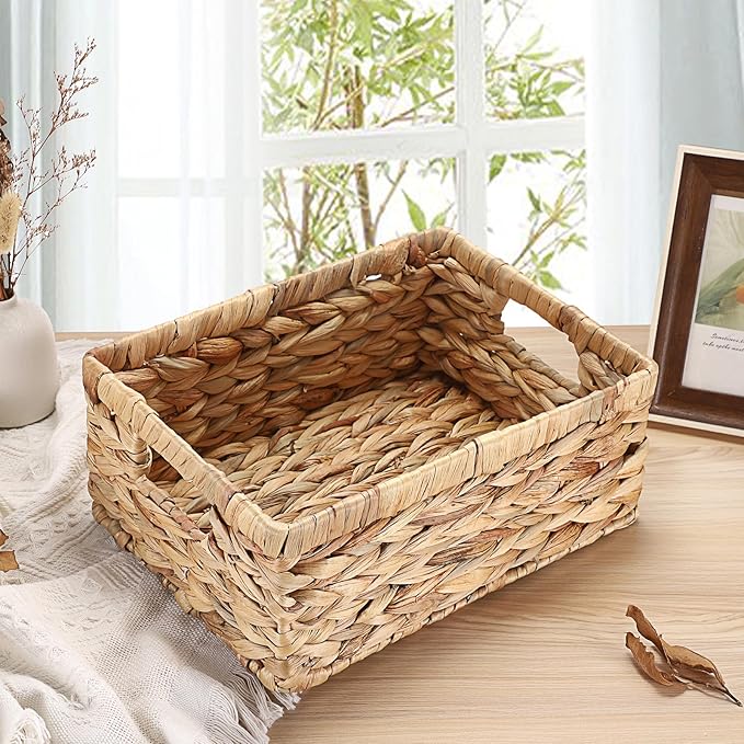 Wicker Basket for Shelf Water Hyacinth Storage Baskets with Built-in Handles Handwoven Natural Basket Bin for Bathroom Kitchen Home Decor,12 x 9 x 5 inches