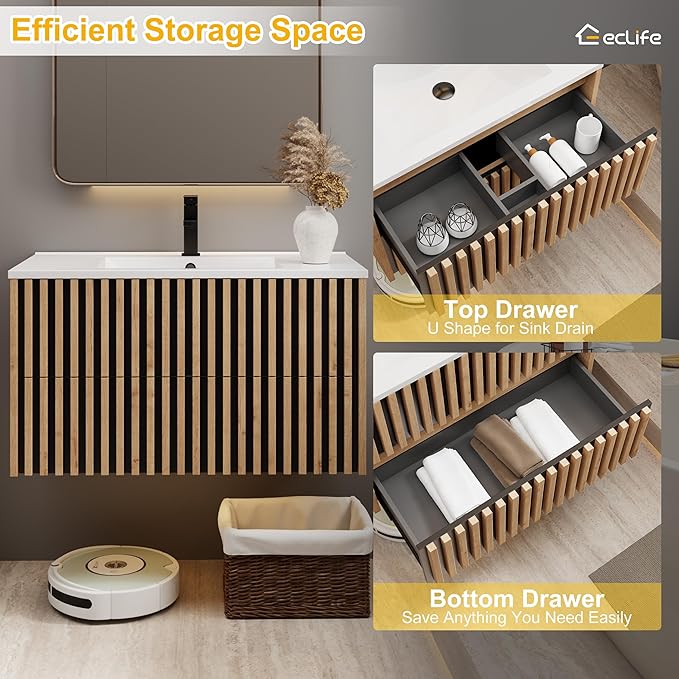 eclife 36" Floating Bathroom Vanity with Sink Combo, Modern Wall Mounted Cabinet with 2 Fluted Drawers, Undermount Sink, Faucet, Drain, Mixed Natural