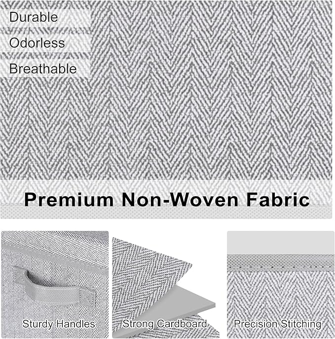 WUIKE 3 Pack Large Storage Bins with Lids, Fabric Closet Shelf Organizers, FoldableStorage Baskets with Cover for Bedroom, Herringbone Gray