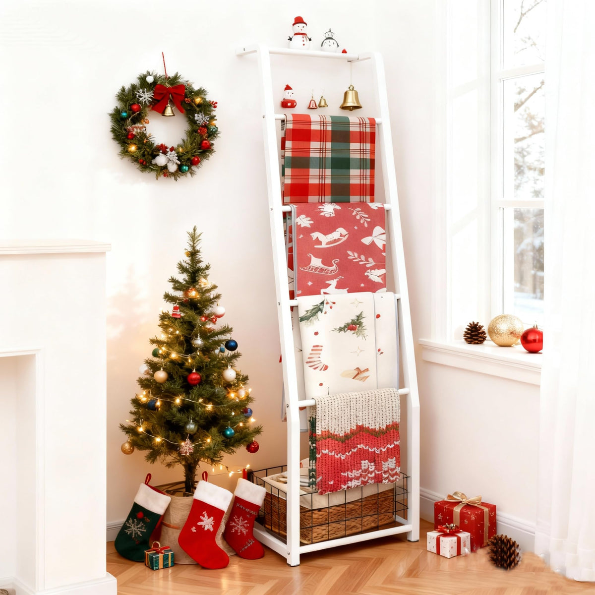 6.3ft Blanket Ladder with Storage Basket, 5 Tier | Home Organization - Image 1