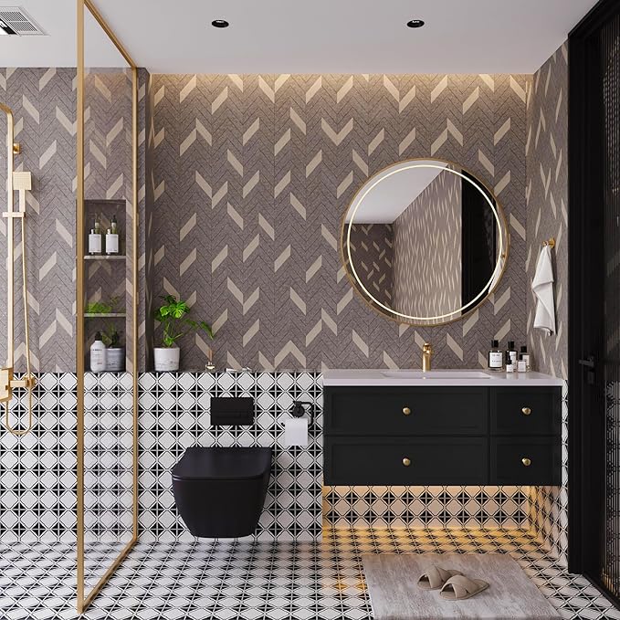 Herringbone Peel & Stick Wallpaper - Geometric Boho Contact Paper for Cabinets & Bedroom - 31.5''×158'' Adhesive Removable Waterproof Wallpaper for Bathroom & Laundry Room & Bedroom & Kitchen