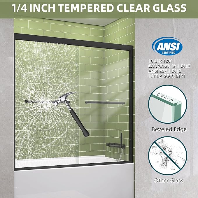 GETPRO Tub Shower Door Sliding 56-60 in. W x 58 in. H Semi-Frameless Bypass Double Sliding Bathroom Glass Tub Door,1/4 inch Clear Tempered Glass Bathtub Door Matte Black