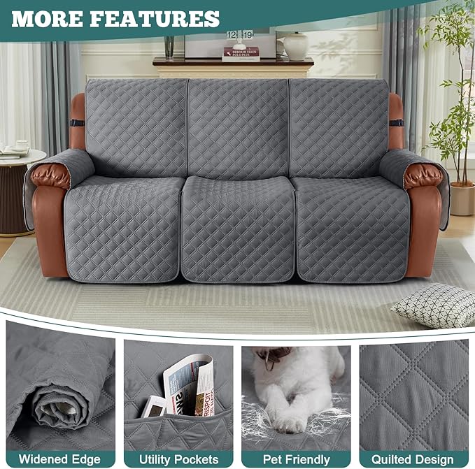 Ruaozz Waterproof Recliner Couch Covers, Sofa Slipcovers Washable 1-Piece Reclining Sofa Covers Non-Slip Furniture Protector with Elastic Straps Pocket for Kids Pets (Dark Grey, 3 Seater)