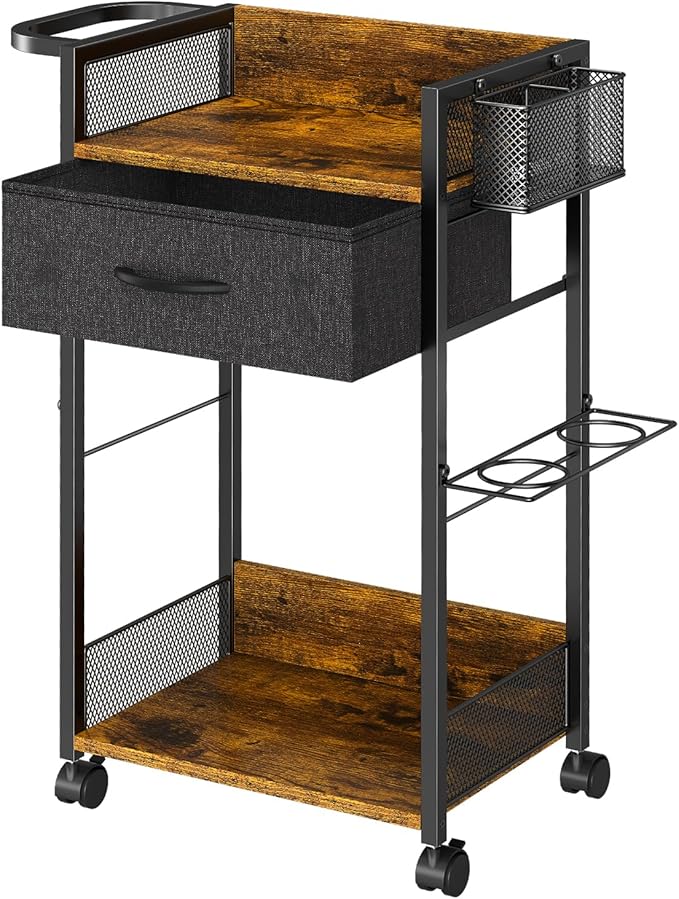 Salon Trolley Cart with Wheels, Mobile Hair Stylist Station with Metal Tool Holder & Basket, Rolling Barber Table with Fabric Drawer, Storage for Salon, Barbershop, Spa & Tattoo, Black