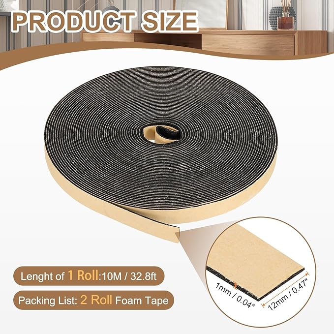 PATIKIL Foam Insulation Tape, 2Pcs 1/2" W x 1/16" t x 32.8FT Self Adhesive Weather Stripping Door Seal Strip for Door Window Air Conditioning, Black