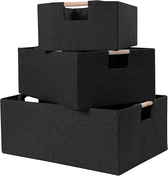 ANMINY 2PCS Storage Baskets for Organizing Collapsible Fabric Storage Bins Boxes with Wood Handles Closet Shelves Cube Organizer Bins Clothes Laundry Storage Container - Small, Black